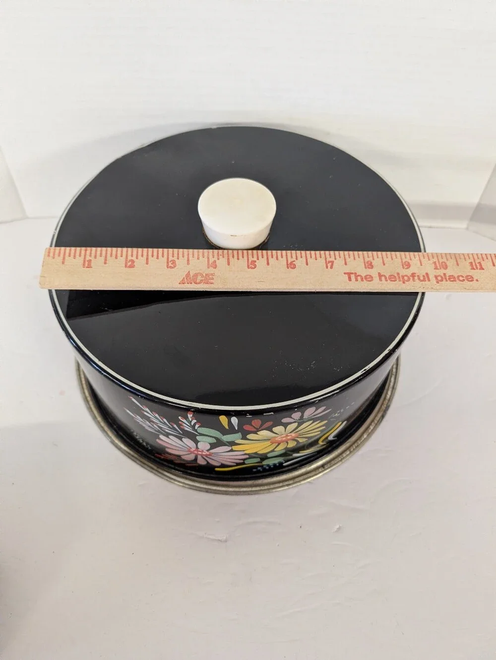 Vintage  Cake Tin 1950s Black with Pink & Yellow Flowers Hand-painted